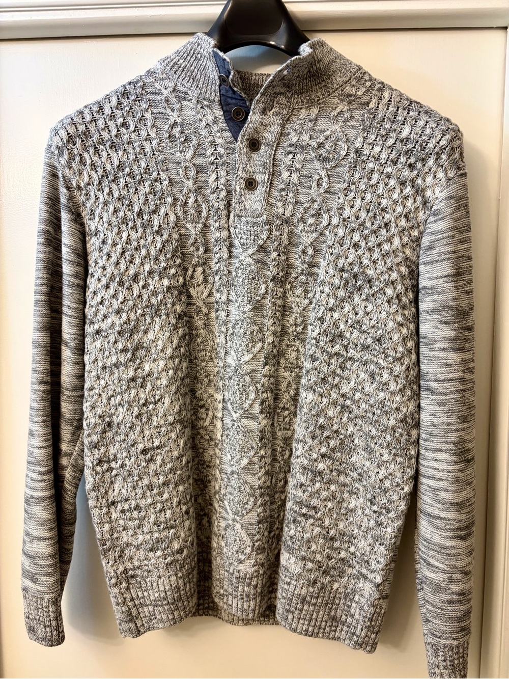 Park Slope New York Marled Cable Knit Mock Neck Button Henley Sweater